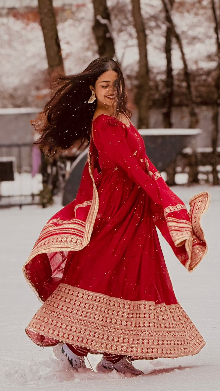 Red Chinon Silk Anarkali Suit Set