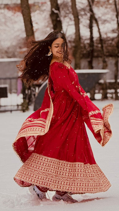 Red Chinon Silk Anarkali Suit Set
