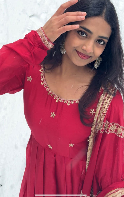 Red Chinon Silk Anarkali Suit Set