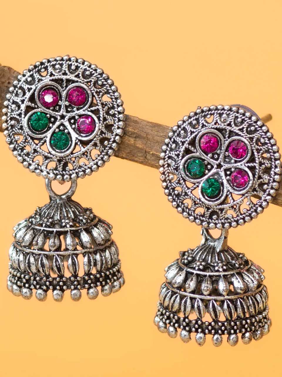Pink and Green Jewel Oxidised Jhumka