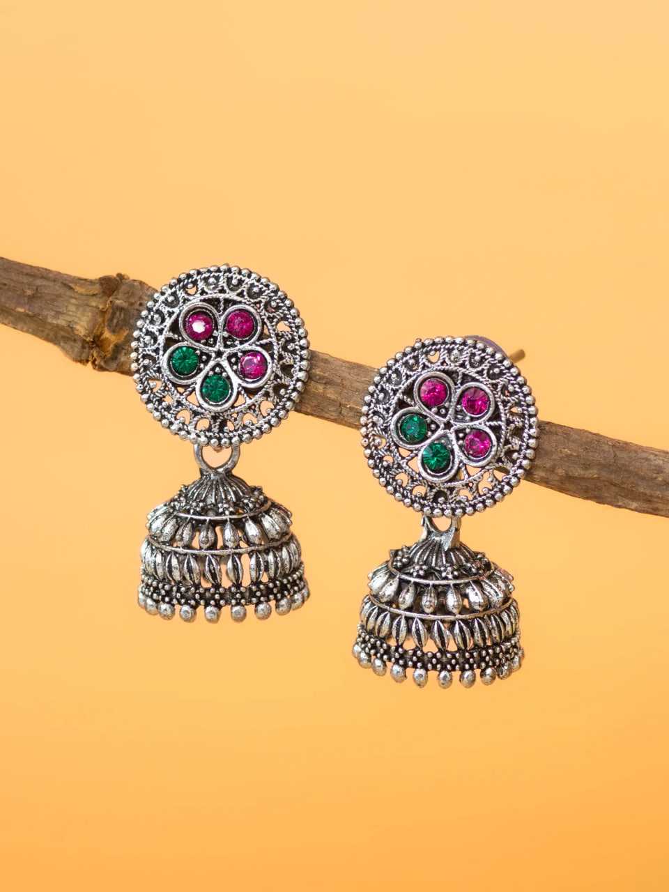 Pink and Green Jewel Oxidised Jhumka