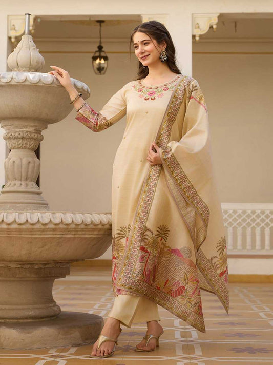 Biege Colored Assam Silk Kurti Set