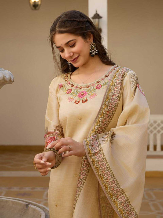 Biege Colored Assam Silk Kurti Set