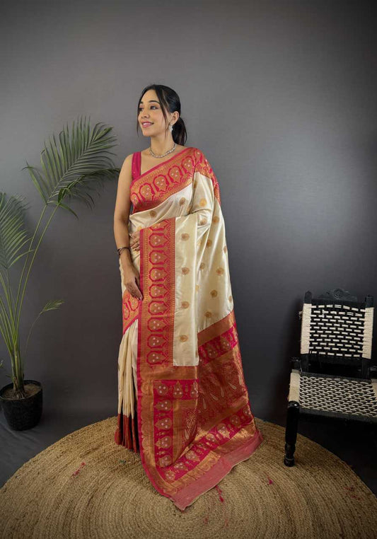 Off White Pure Soft Banarasi Silk Saree Contrast Weaving Border And Pallu