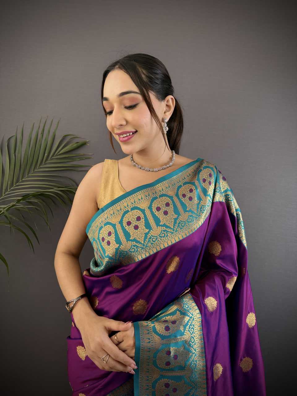 Purple Pure Soft Banarasi Silk Saree Contrast Weaving Border And Pallu