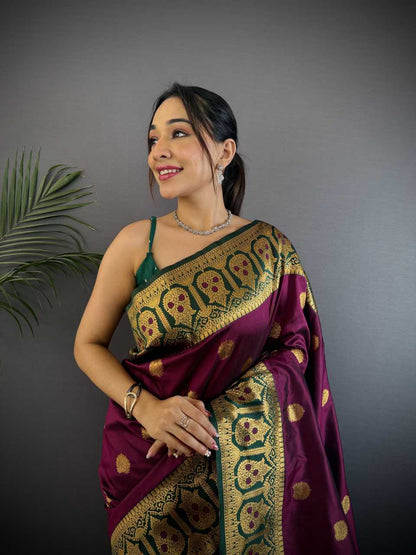 Maroon Pure Soft Banarasi Silk Saree Contrast Weaving Border And Pallu