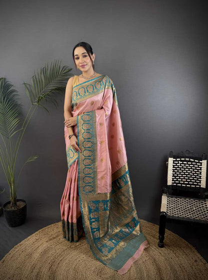 Pink Pure Soft Banarasi Silk Saree Contrast Weaving Border And Pallu