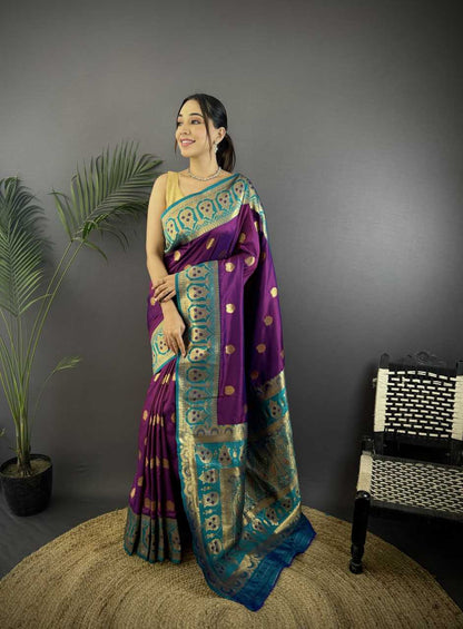 Purple Pure Soft Banarasi Silk Saree Contrast Weaving Border And Pallu