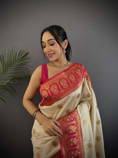 Off White Pure Soft Banarasi Silk Saree Contrast Weaving Border And Pallu