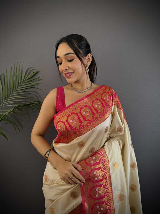 Off White Pure Soft Banarasi Silk Saree Contrast Weaving Border And Pallu