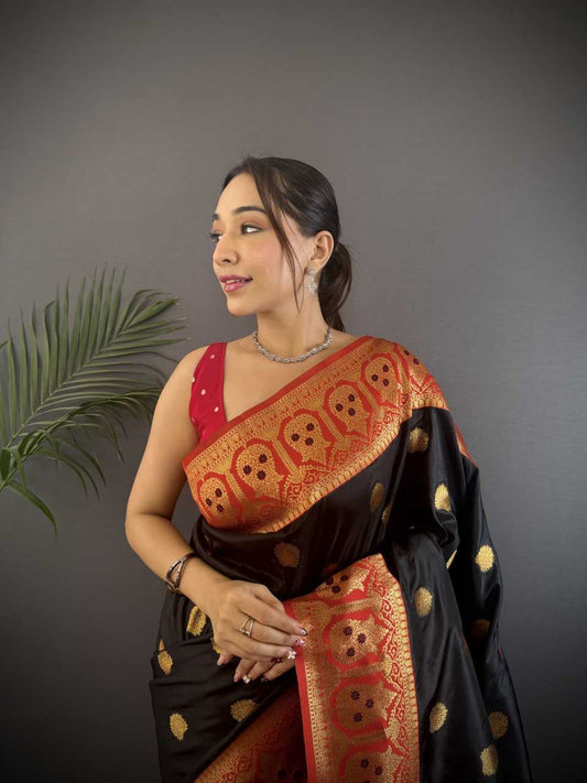 Black Pure Soft Banarasi Silk Saree Contrast Weaving Border And Pallu