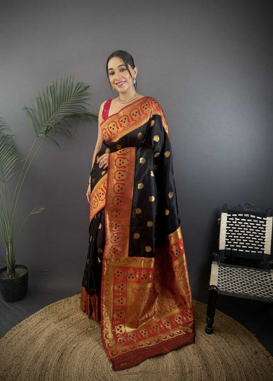 Black Pure Soft Banarasi Silk Saree Contrast Weaving Border And Pallu