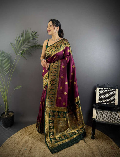 Maroon Pure Soft Banarasi Silk Saree Contrast Weaving Border And Pallu