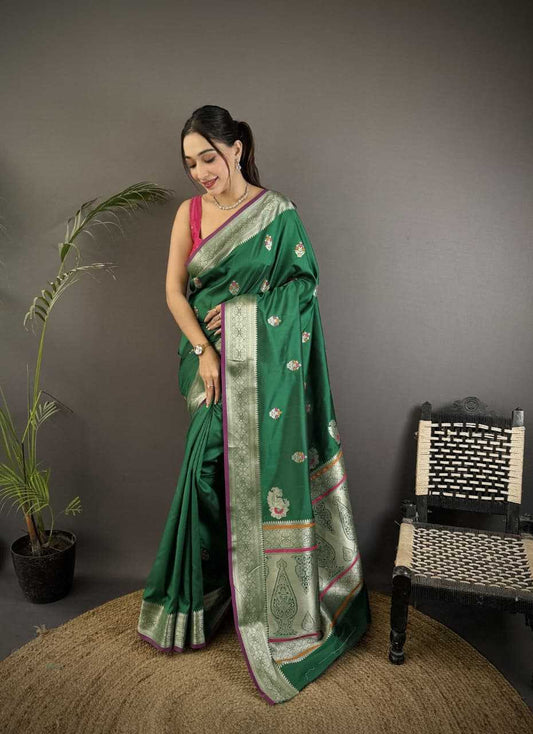 Green Color Hibiscus Banarasi Soft Silk Saree