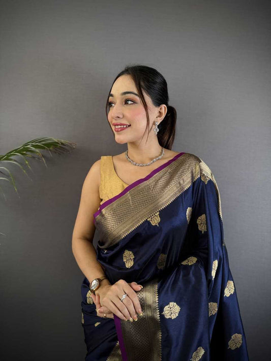 Black Color Hibiscus Banarasi Soft Silk Saree