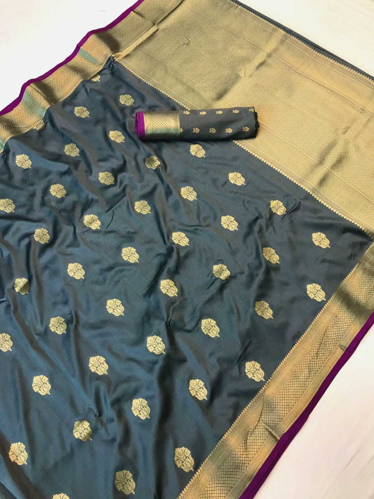Silver Color Hibiscus Banarasi Soft Silk Saree