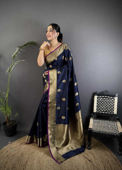 Black Color Hibiscus Banarasi Soft Silk Saree