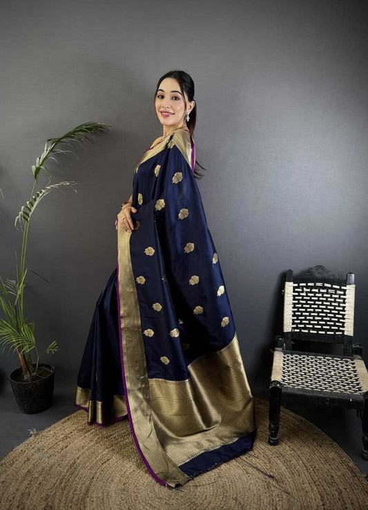 Black Color Hibiscus Banarasi Soft Silk Saree