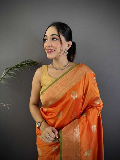 Orange Color Hibiscus Banarasi Soft Silk Saree