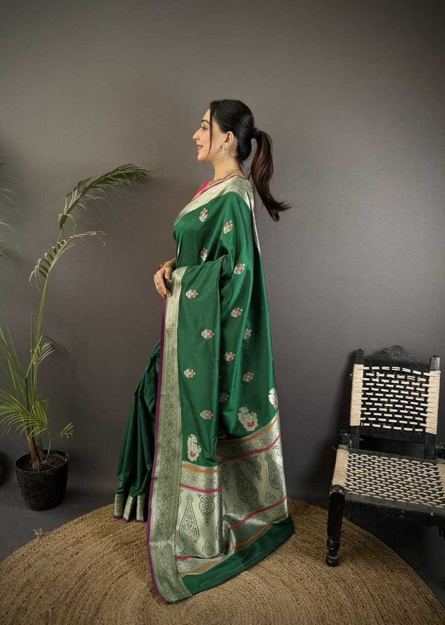 Green Color Hibiscus Banarasi Soft Silk Saree