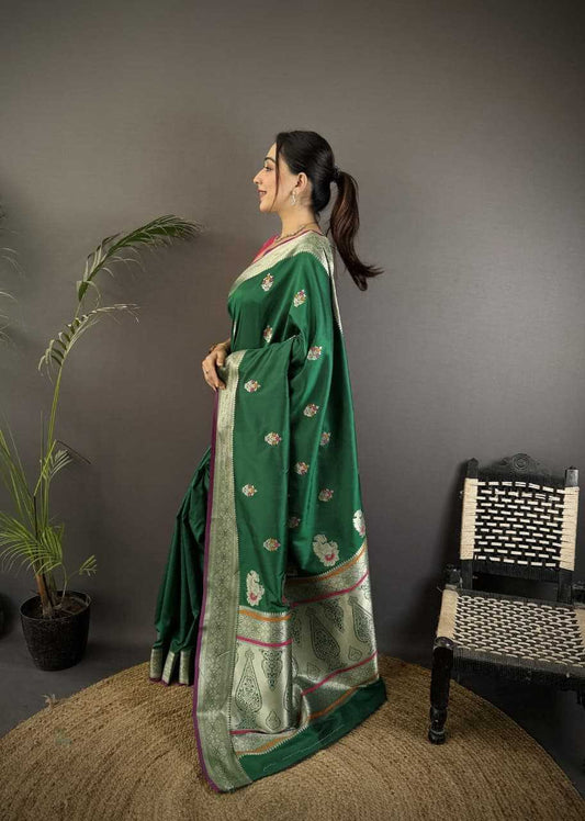 Green Color Hibiscus Banarasi Soft Silk Saree