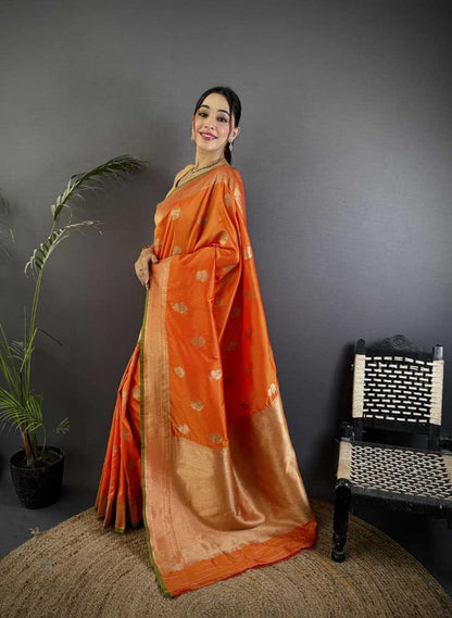 Orange Color Hibiscus Banarasi Soft Silk Saree