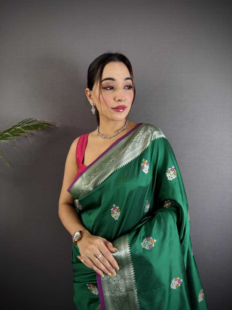 Green Color Hibiscus Banarasi Soft Silk Saree
