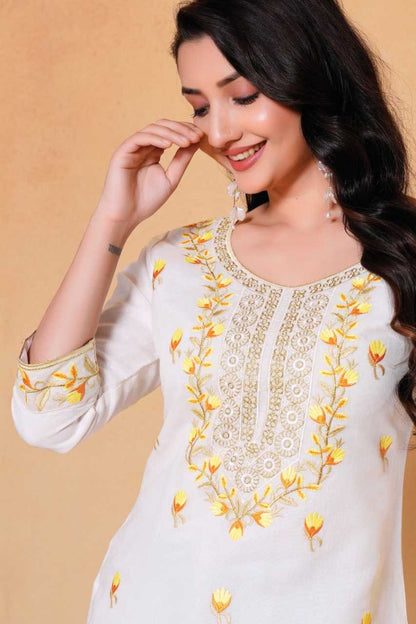 Embroidery work Chandary with cotton inner White Kurti
