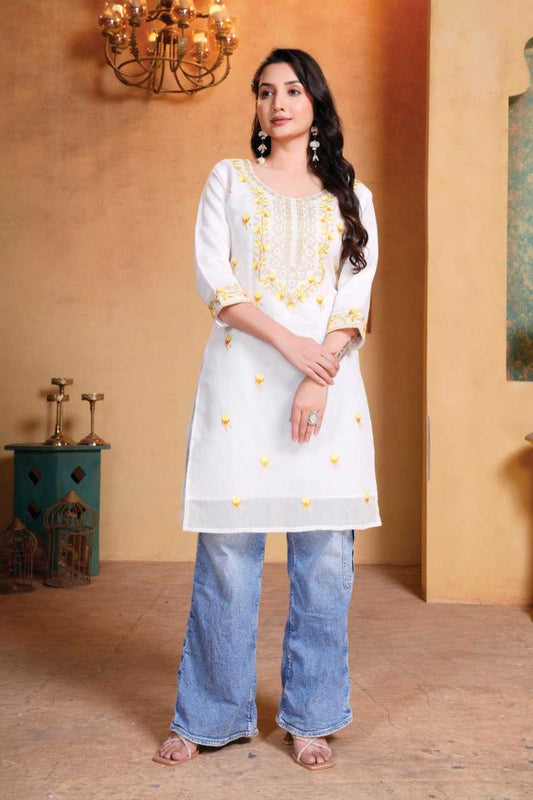 Embroidery work Chandary with cotton inner White Kurti