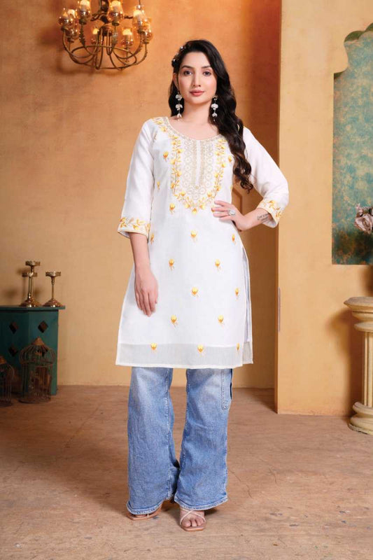 Embroidery work Chandary with cotton inner White Kurti