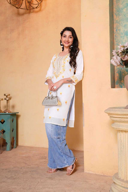 Embroidery work Chandary with cotton inner White Kurti