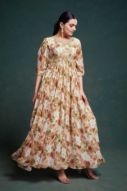 Chiffon Kalamkari Printed Light Brown Anarkali Suit