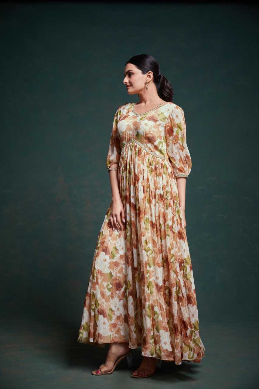 Chiffon Kalamkari Printed Light Brown Anarkali Suit