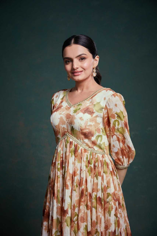 Chiffon Kalamkari Printed Light Brown Anarkali Suit