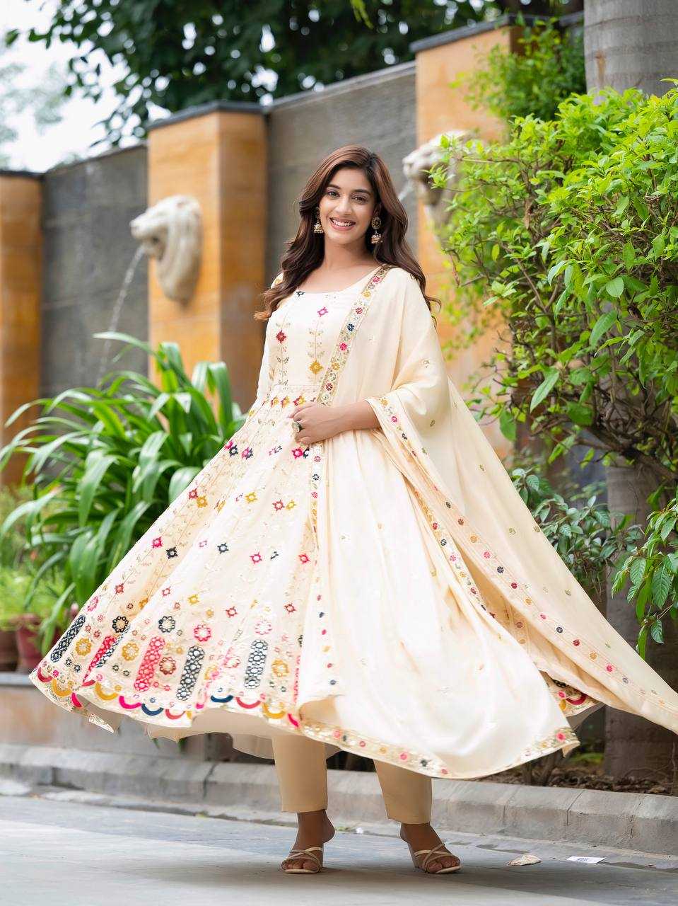 Pure Chinon Crush Silk With 5mm Sequence Embroidery Cream Color Suit