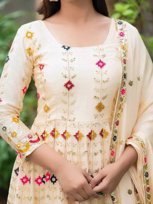 Pure Chinon Crush Silk With 5mm Sequence Embroidery Cream Color Suit
