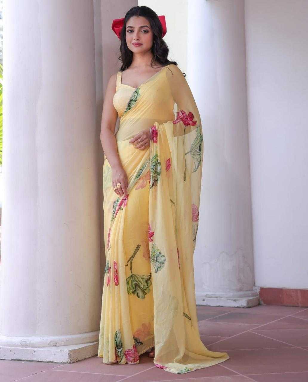 Pure Soft Yellow Chinon Silk Fabric with Heavy khatliwork Border