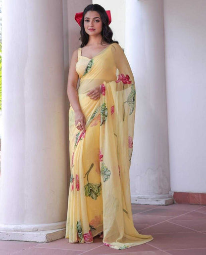 Pure Soft Yellow Chinon Silk Fabric with Heavy khatliwork Border