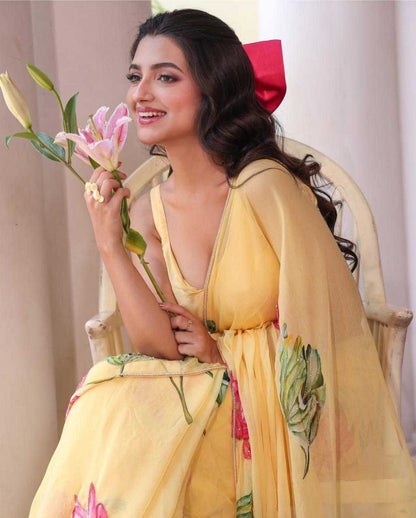 Pure Soft Yellow Chinon Silk Fabric with Heavy khatliwork Border