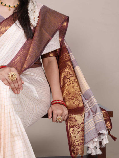 Poly Cotton White Saree Chex With Zari Weaving Work