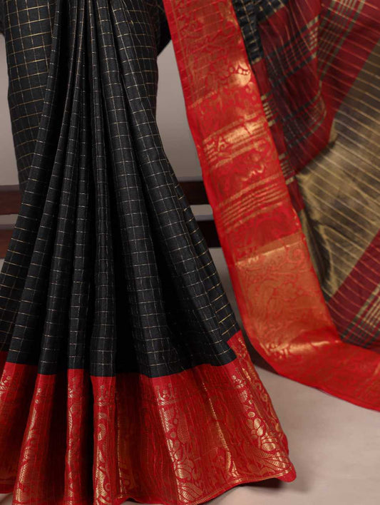 Poly Cotton Black Saree  Chex With Zari Weaving Work