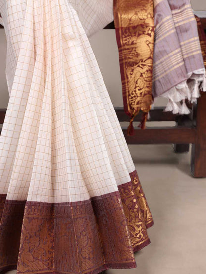 Poly Cotton White Saree Chex With Zari Weaving Work