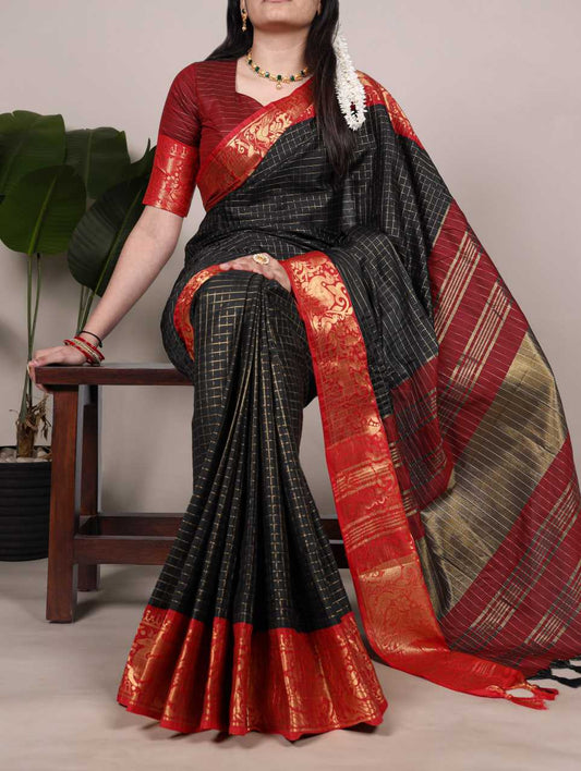 Poly Cotton Black Saree  Chex With Zari Weaving Work