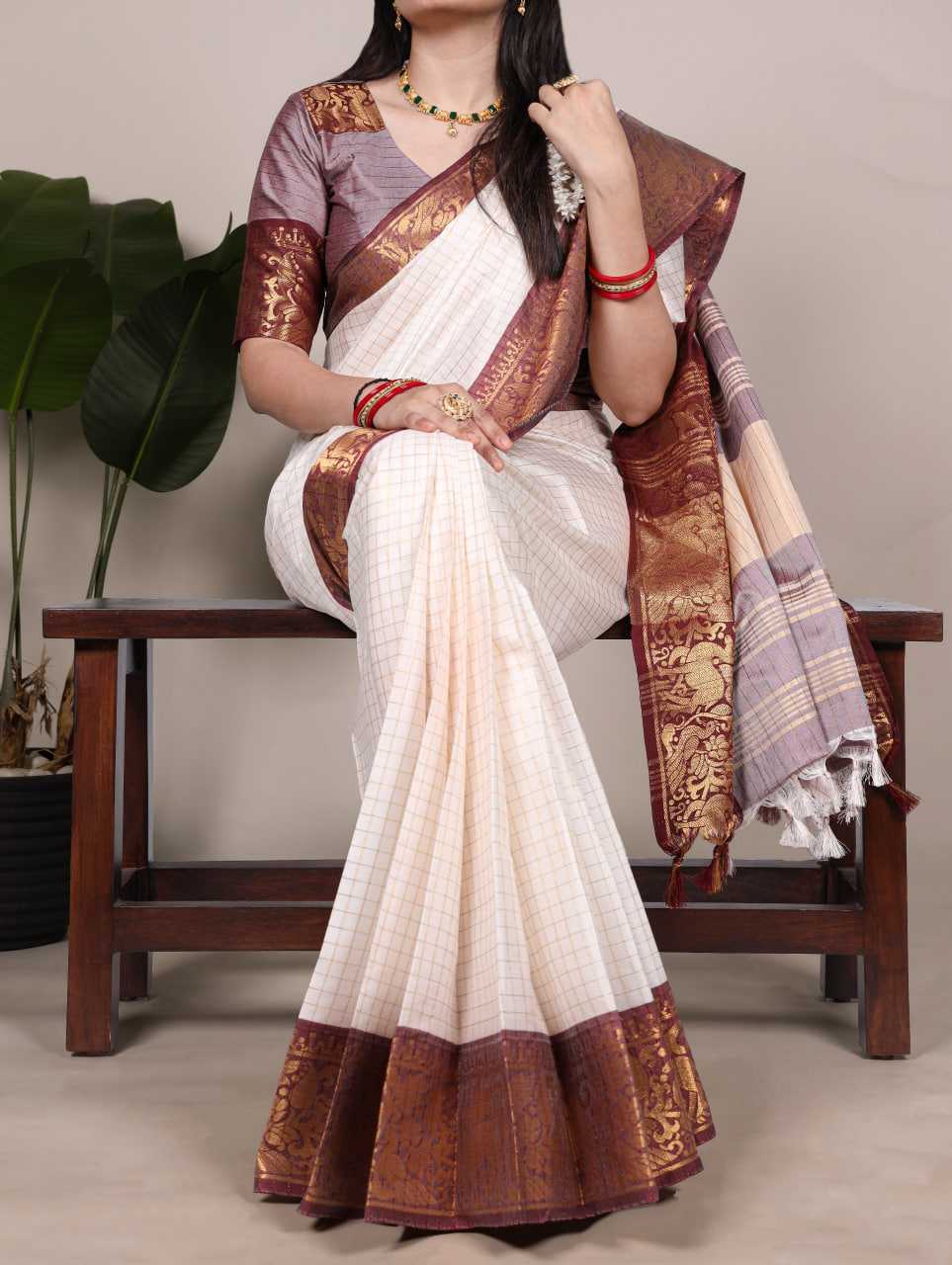 Poly Cotton White Saree Chex With Zari Weaving Work
