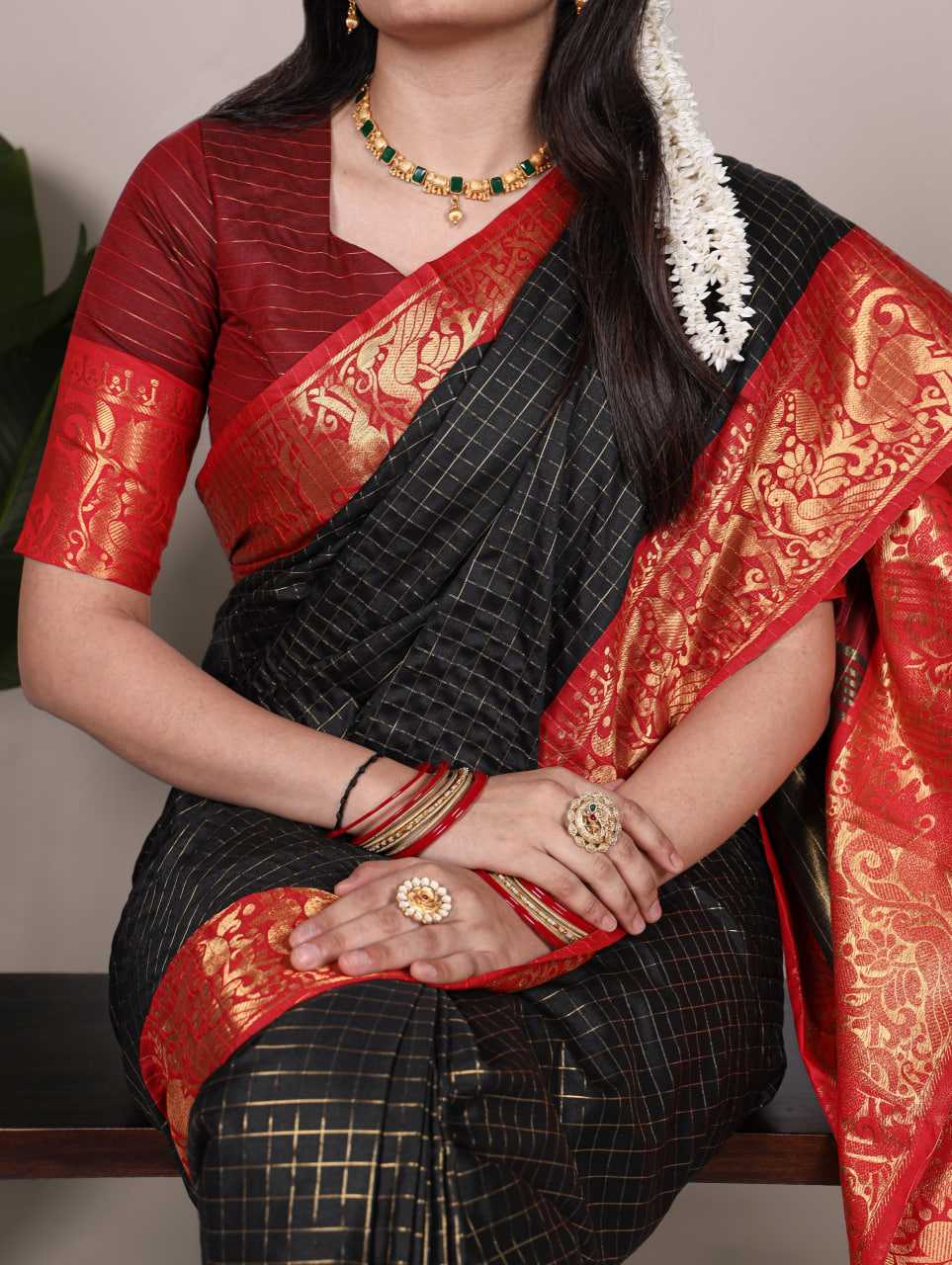 Poly Cotton Black Saree  Chex With Zari Weaving Work