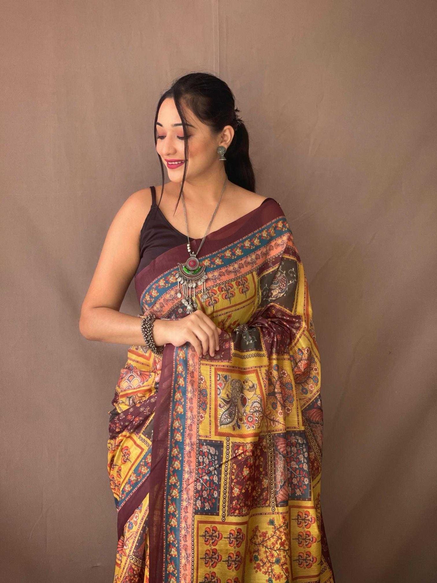 Pure Malai Cotton Mustard Saree With  Kalamkari Print
