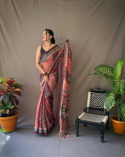 Pure Malai Cotton Maroon Saree With  Kalamkari Print