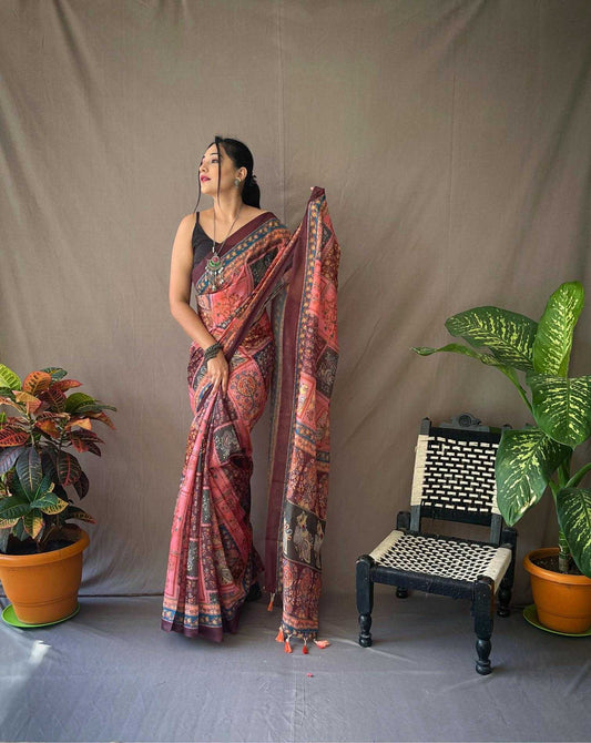 Pure Malai Cotton Maroon Saree With  Kalamkari Print