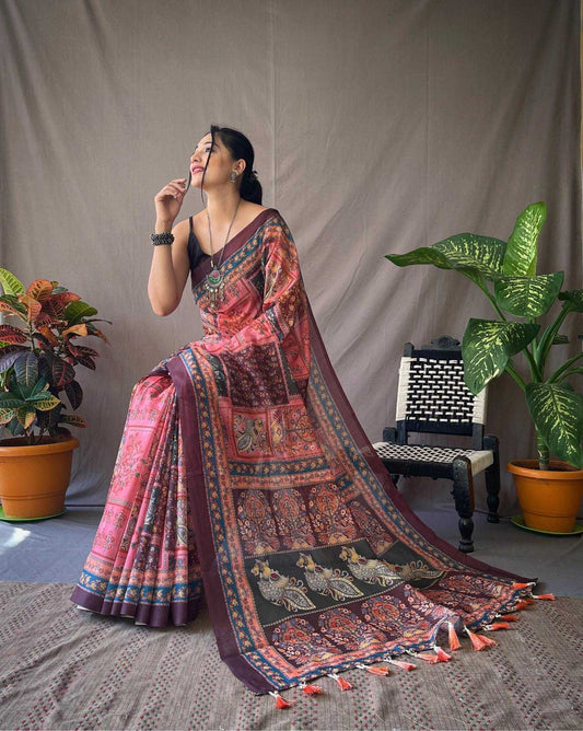 Pure Malai Cotton Maroon Saree With  Kalamkari Print