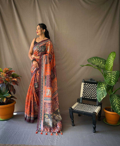 Pure Malai Cotton Orange Saree With  Kalamkari Print